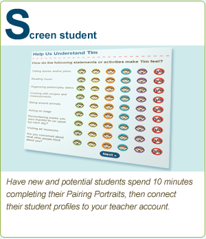 S. -- screen student --Have new students spend 10 minutes
         completing Kidzmet's pairing portrait, then print out a trial
         visit coupon for your program.